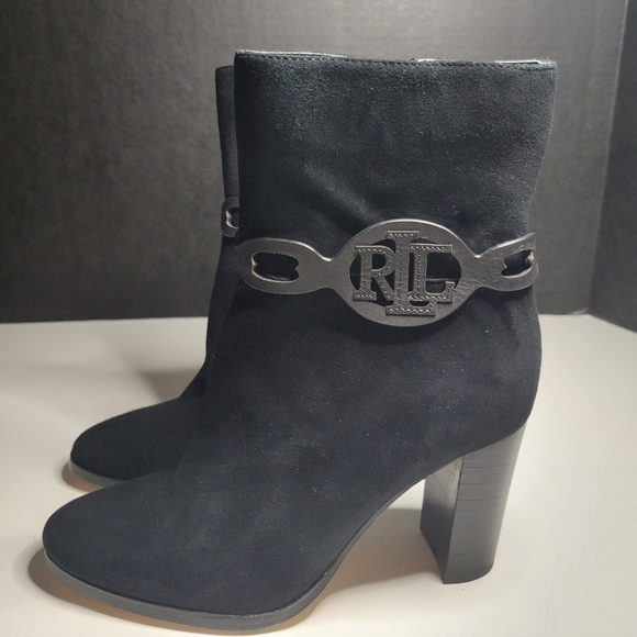 RLL Ralph Lauren Women 6 Boots Abigael Black Suede Zip Calf High Block Heel Edgy - Picture 6 of 15
